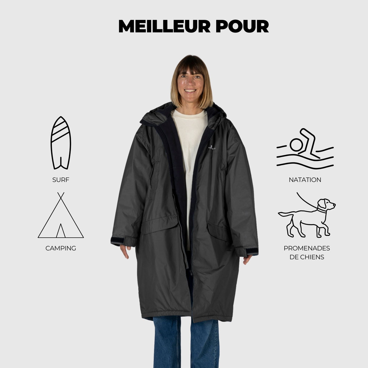VOITED 3rd Edition Outdoor Change Robe & Drycoat for Surfing, Camping, Vanlife & Wild Swimming  - Black