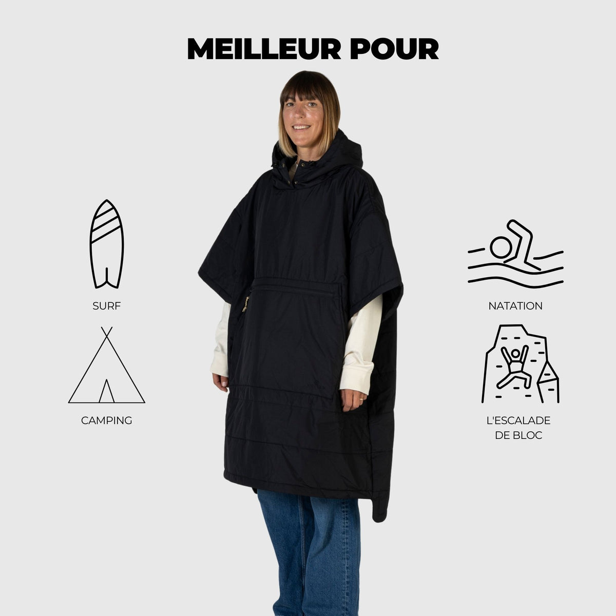 VOITED 3rd Edition Outdoor Poncho for Surfing, Camping, Vanlife & Wild Swimming - Black