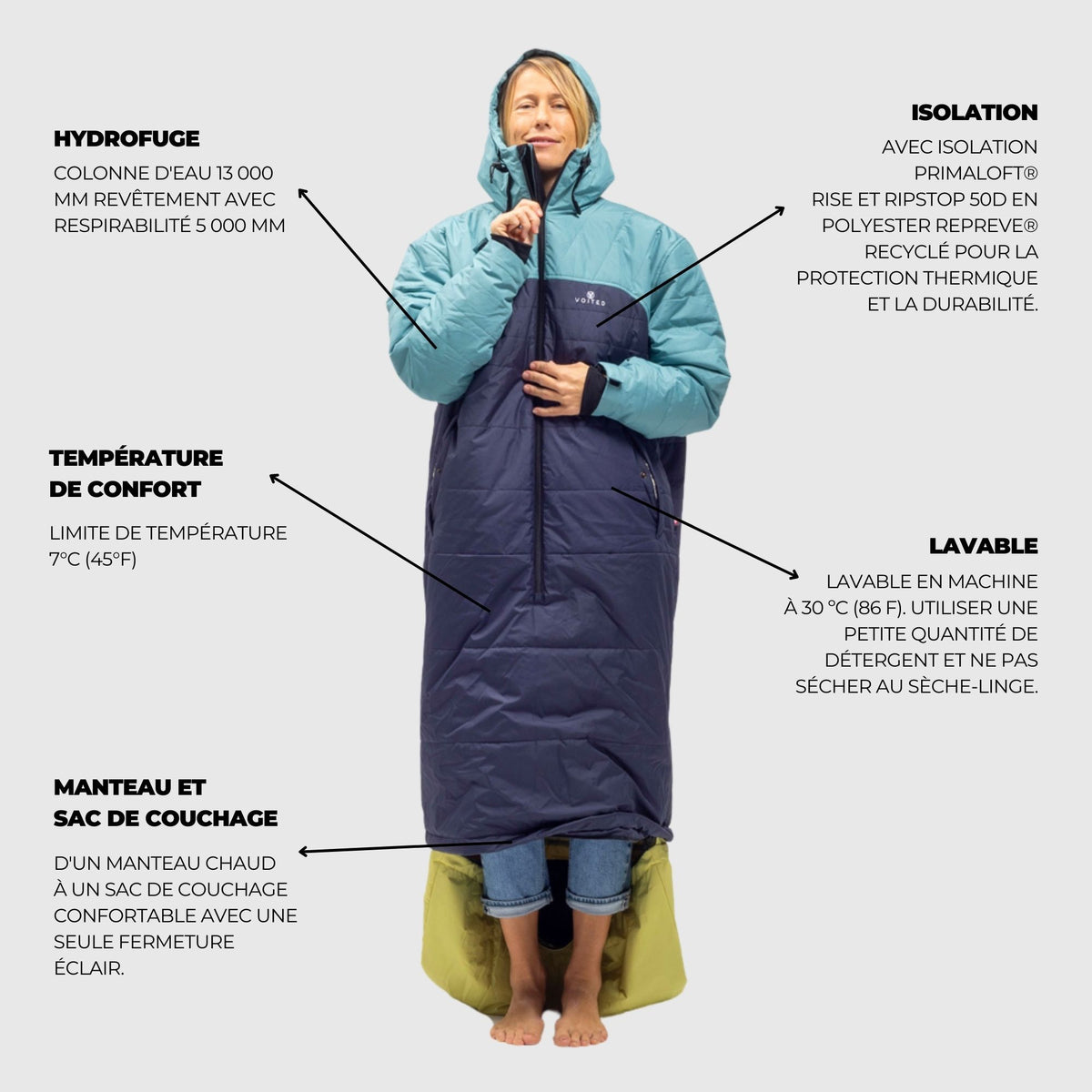VOITED Premium Slumber Jacket for Camping, Vanlife & Indoor - Arcticblue / Graphite / Dustysand