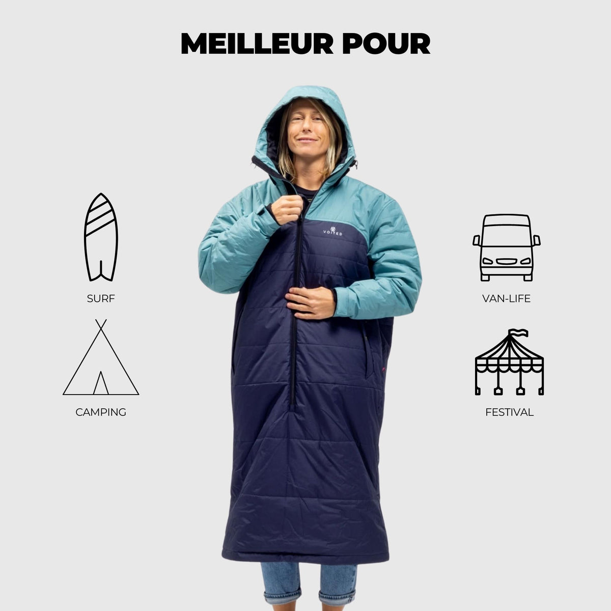VOITED Premium Slumber Jacket for Camping, Vanlife & Indoor - Arcticblue / Graphite / Dustysand