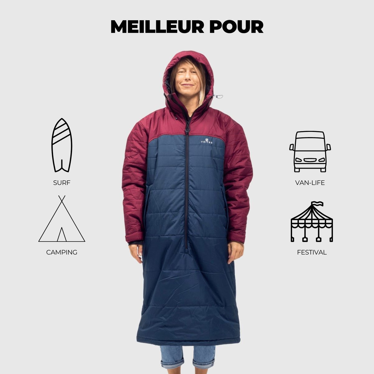 VOITED Premium Slumber Jacket for Camping, Vanlife & Indoor - Cardinal / Navy / Black
