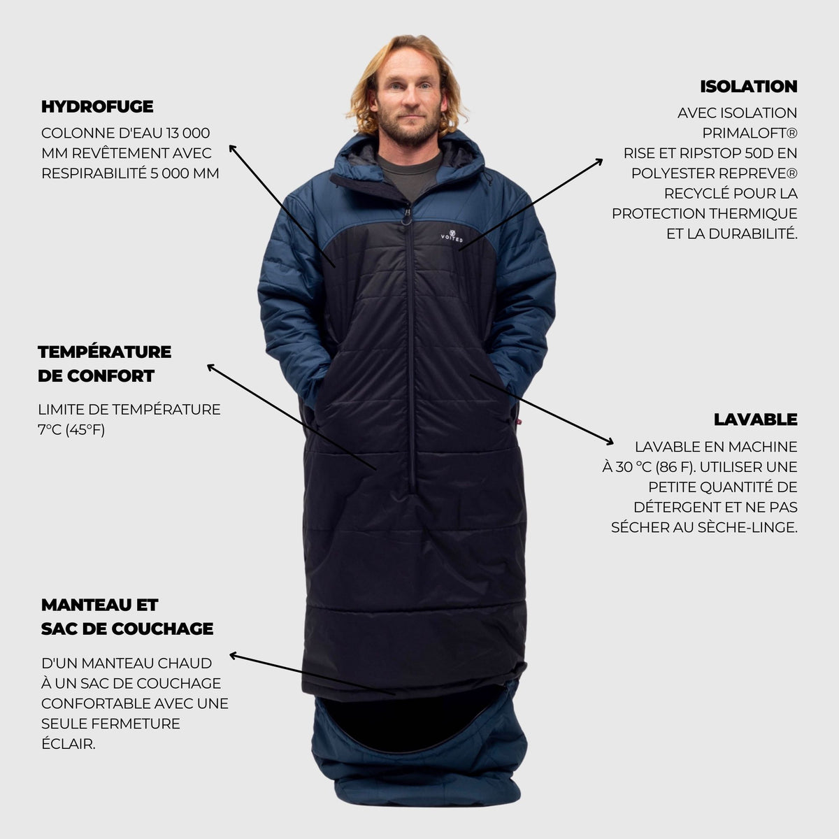 VOITED Premium Slumber Jacket for Camping, Vanlife & Indoor - Navy / Black / Navy