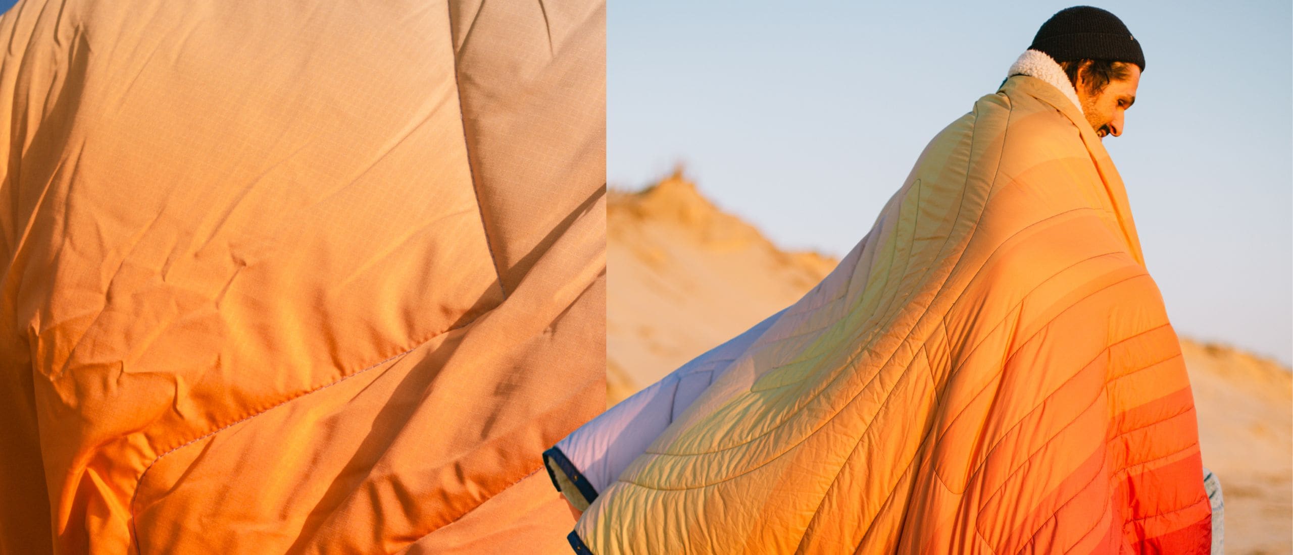 Couverture CloudTouch® matelassée avec col sherpa blanc doux, dégradé orange, jaune, bleu clair et violet