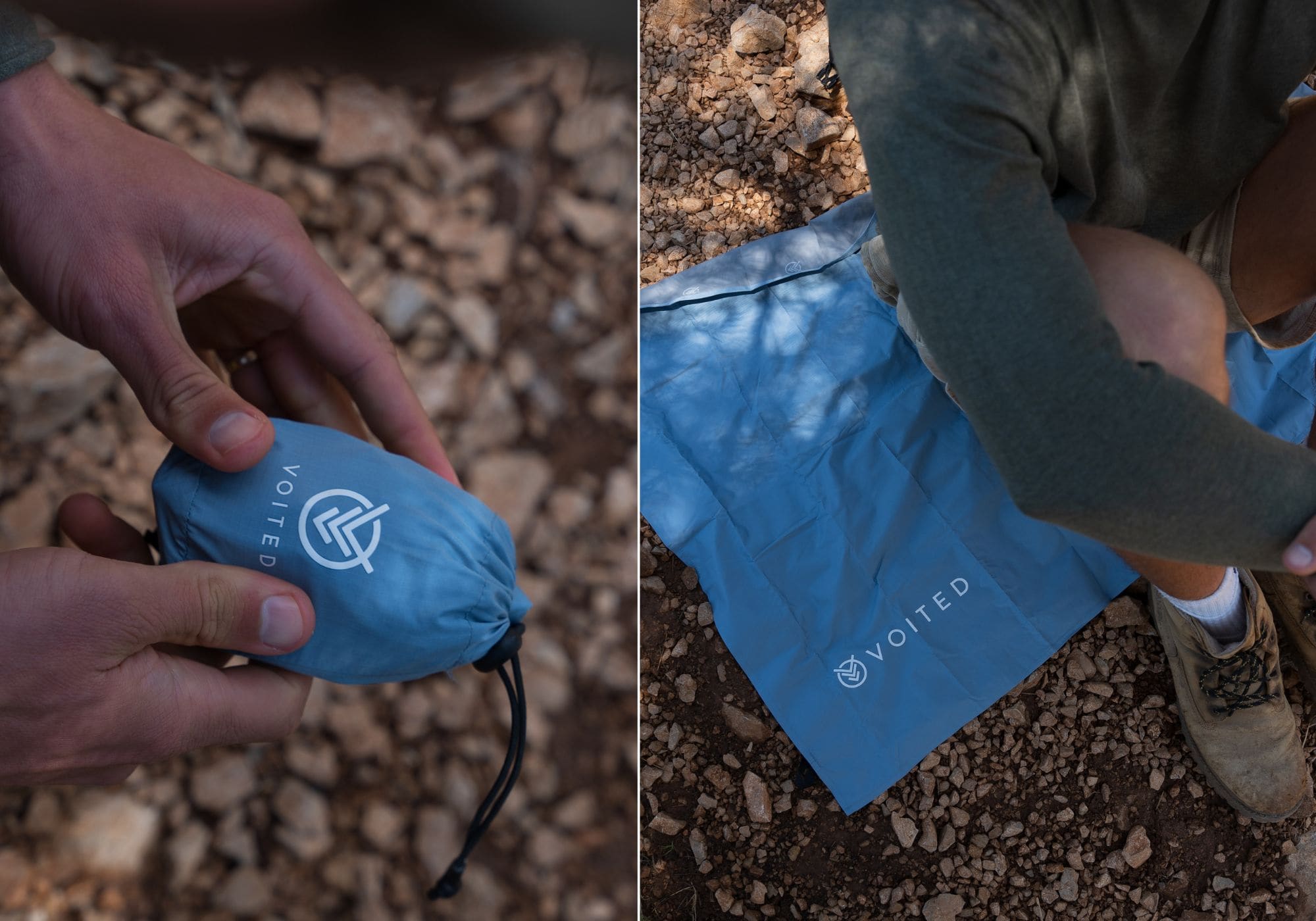Tapis de sol VOITED Pocket Dry Mat, replié dans sa pochette et déplié en extérieur