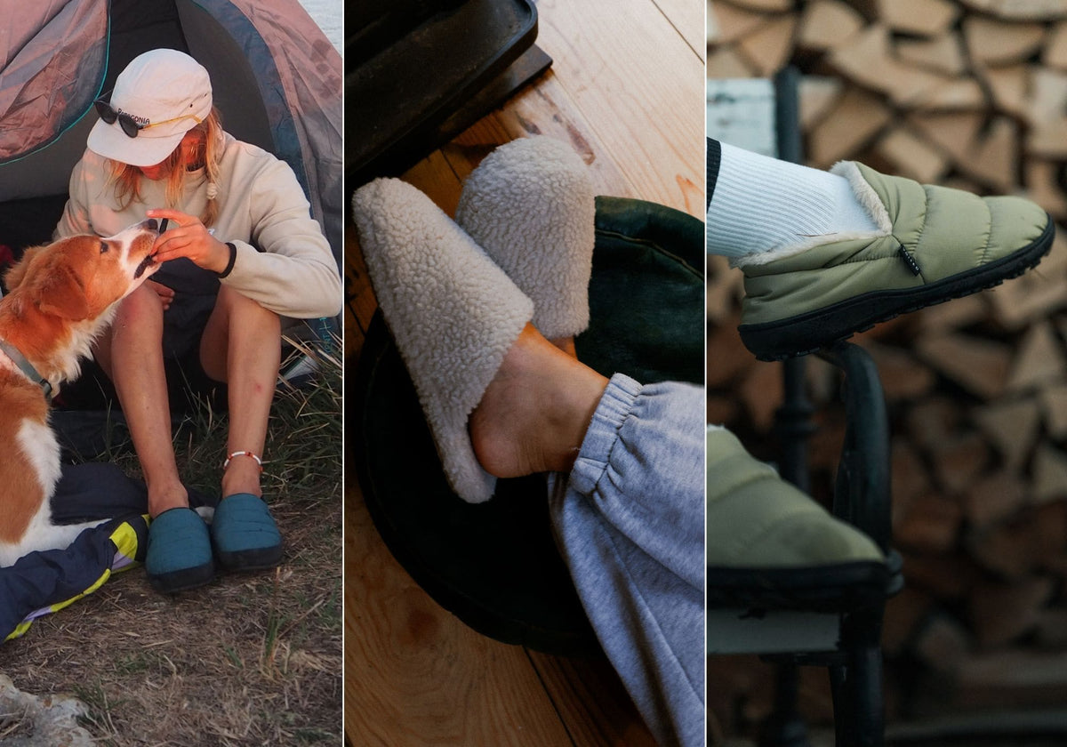 Chaussons VOITED dans trois décors : près d’une tente avec un chien, sur un parquet et devant du bois empilé.