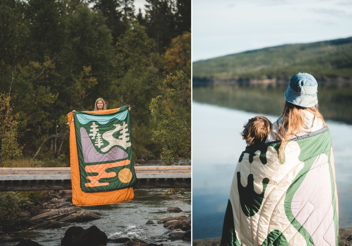 Femme montrant des couvertures VOITED Cloudtouch près d’un ruisseau, et femme et enfant emmitouflés au bord d’un lac.