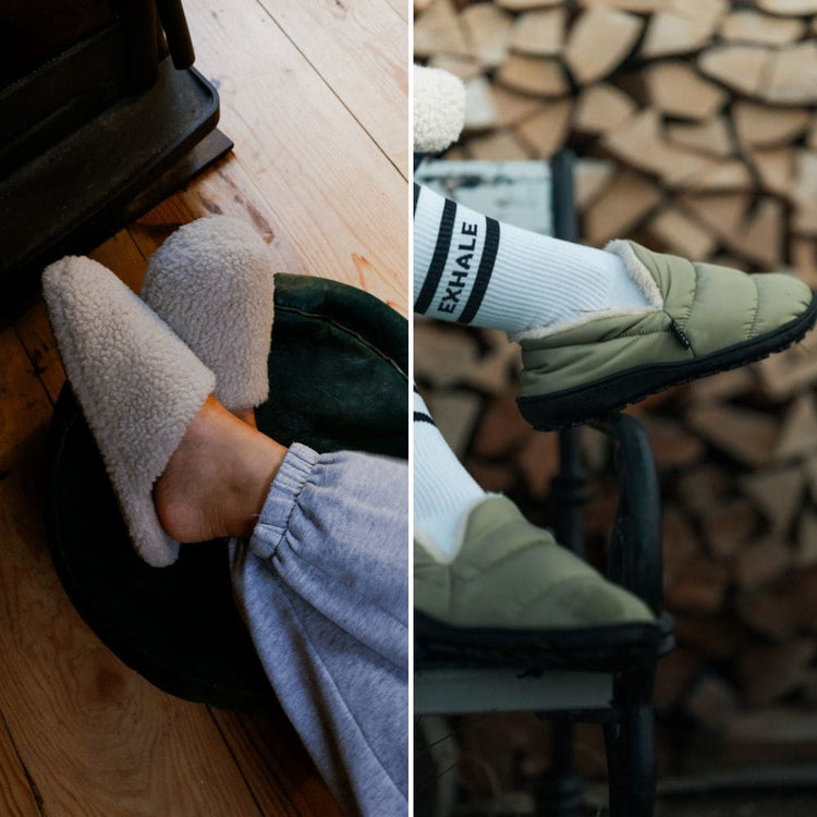 Chaussons VOITED dans trois décors : près d’une tente avec un chien, sur un parquet et devant du bois empilé.