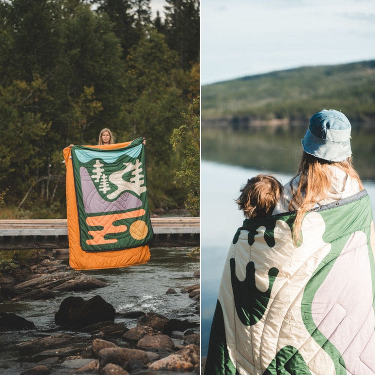 Femme montrant des couvertures VOITED Cloudtouch près d’un ruisseau, et femme et enfant emmitouflés au bord d’un lac.