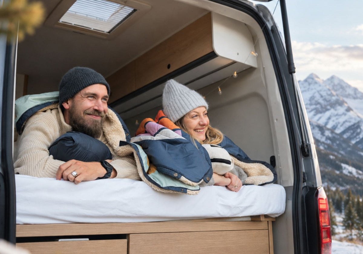 Un couple est blotti sous une couverture Cloudtouch VOITED dans le lit d'un camping-car, souriant en regardant à travers la porte arrière ouverte un paysage de montagnes enneigées. AI modified
