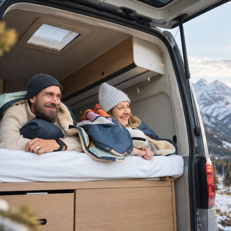 Un couple est blotti sous une couverture Cloudtouch VOITED dans le lit d'un camping-car, souriant en regardant à travers la porte arrière ouverte un paysage de montagnes enneigées. AI modified
