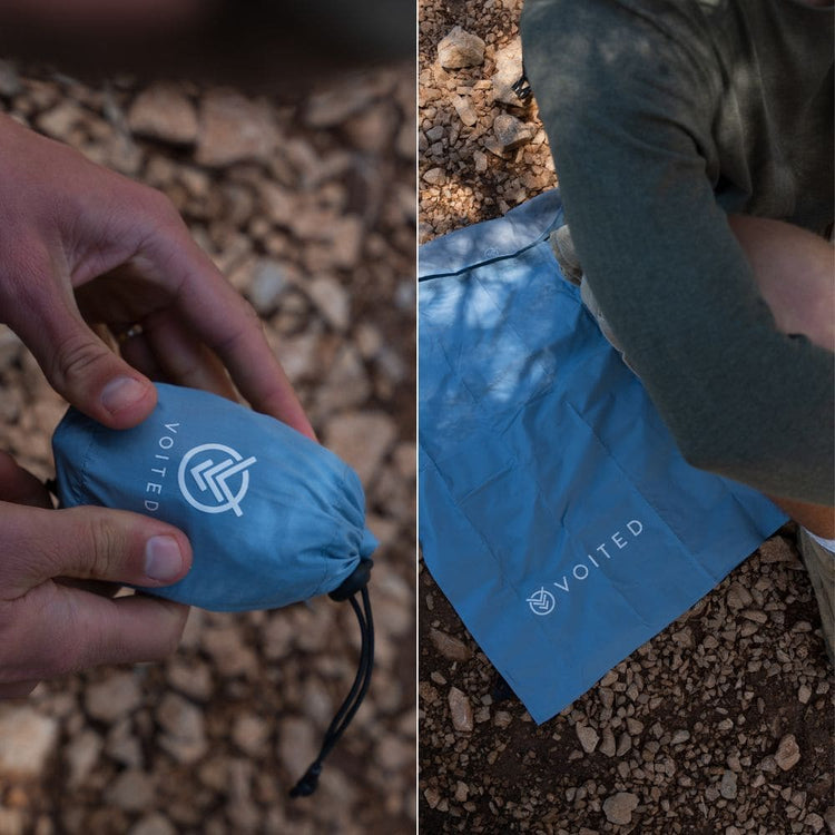Tapis de sol VOITED Pocket Dry Mat, replié dans sa pochette et déplié en extérieur