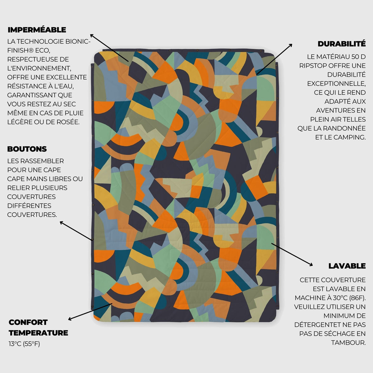 VOITED Recycled Ripstop Outdoor Camping Blanket - Farmers Market/Graphite