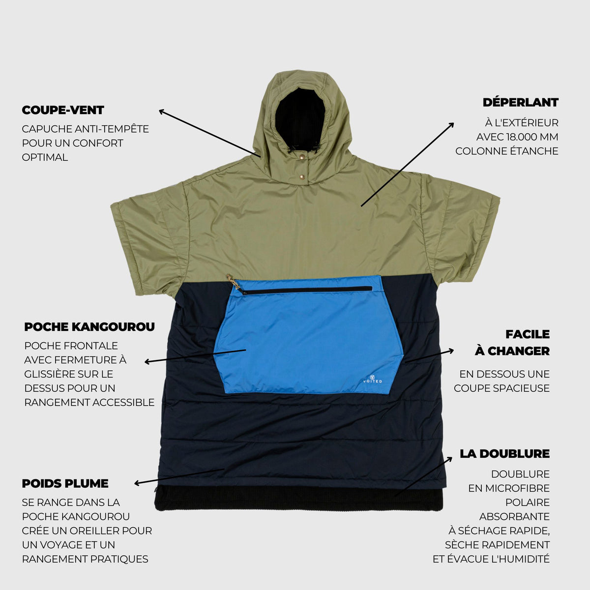 VOITED 3rd Edition Outdoor Poncho for Surfing, Camping, Vanlife & Wild Swimming - Ocean Navy/Olive