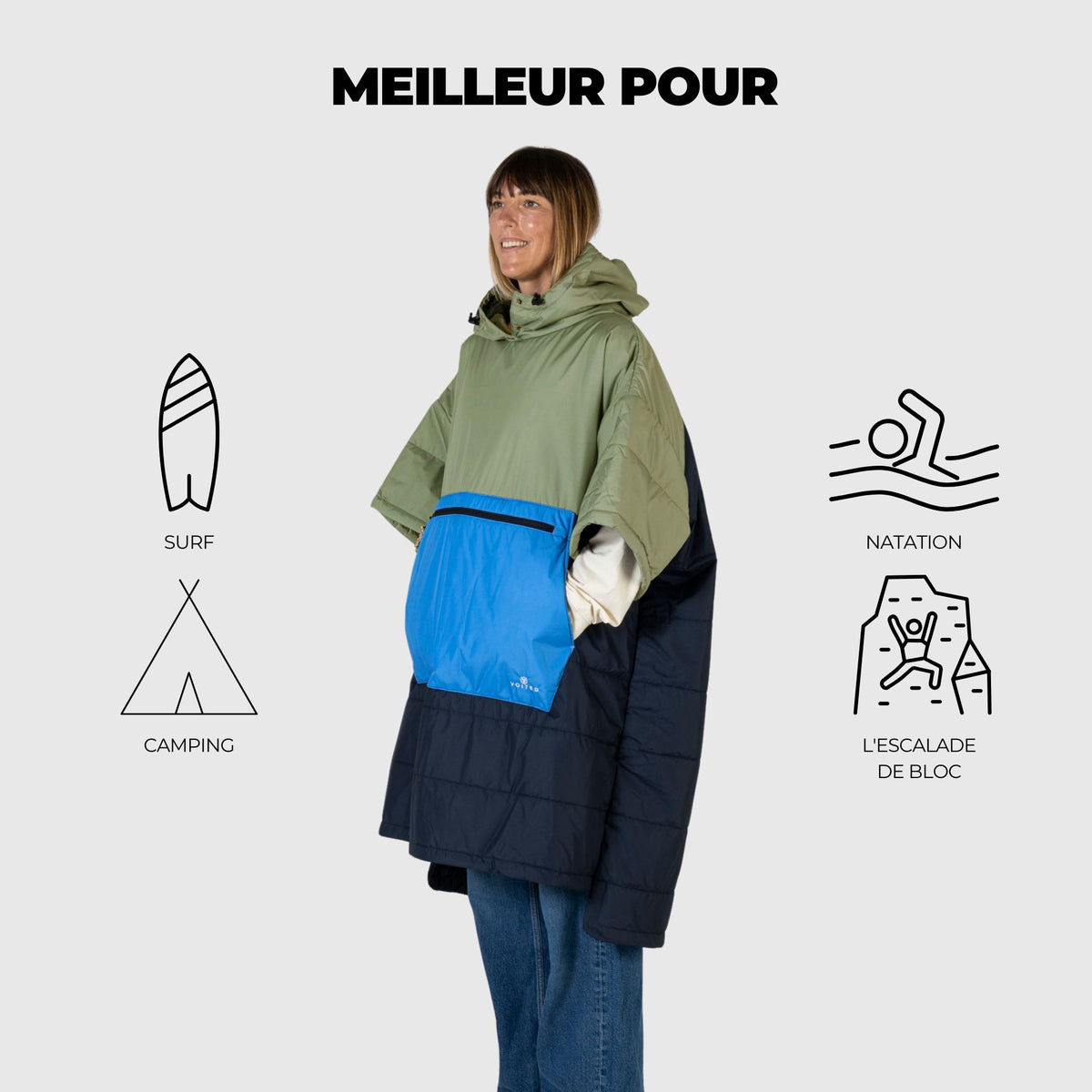 VOITED 3rd Edition Outdoor Poncho for Surfing, Camping, Vanlife & Wild Swimming - Ocean Navy/Olive