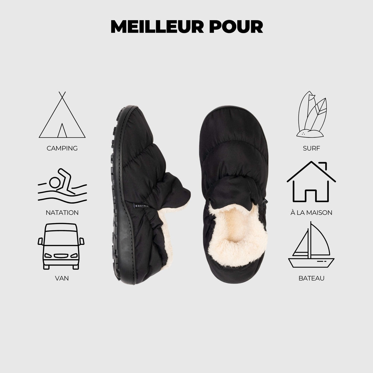 VOITED CloudTouch® Slippers - Lightweight, Indoor/Outdoor Fleece-Lined Camping Slippers - Black