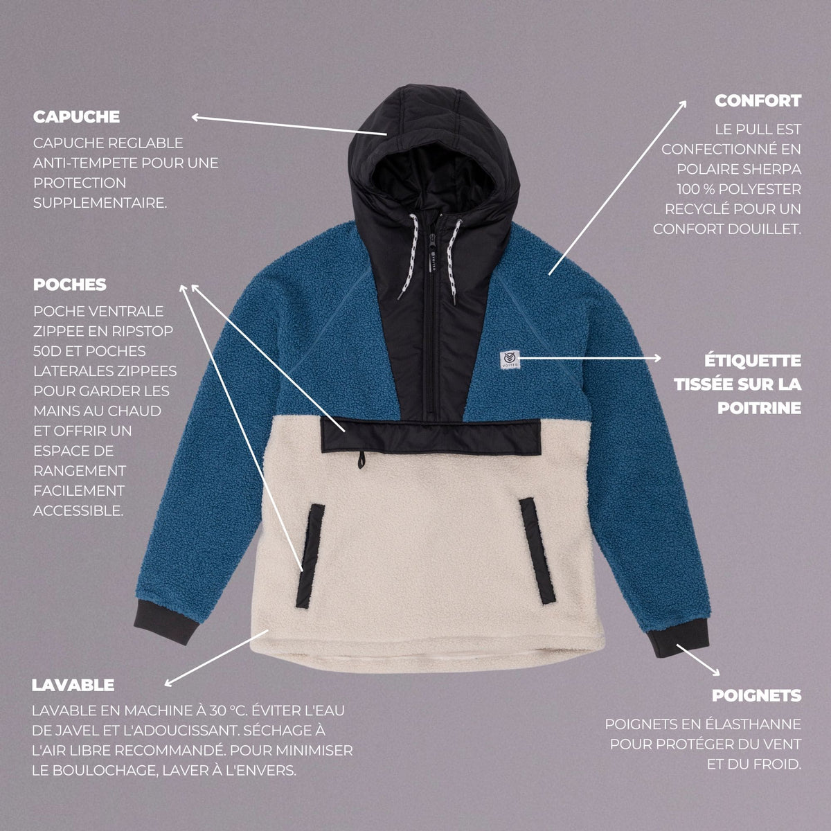 VOITED Sherpa Fleece Hoodie - Blue Steel